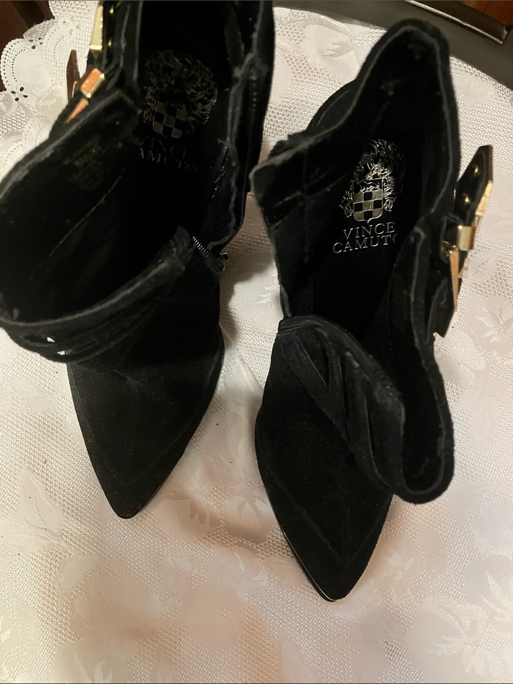Vince Camuto Black Suede Pointed-Toe Ankle Booties with Gold Buckle